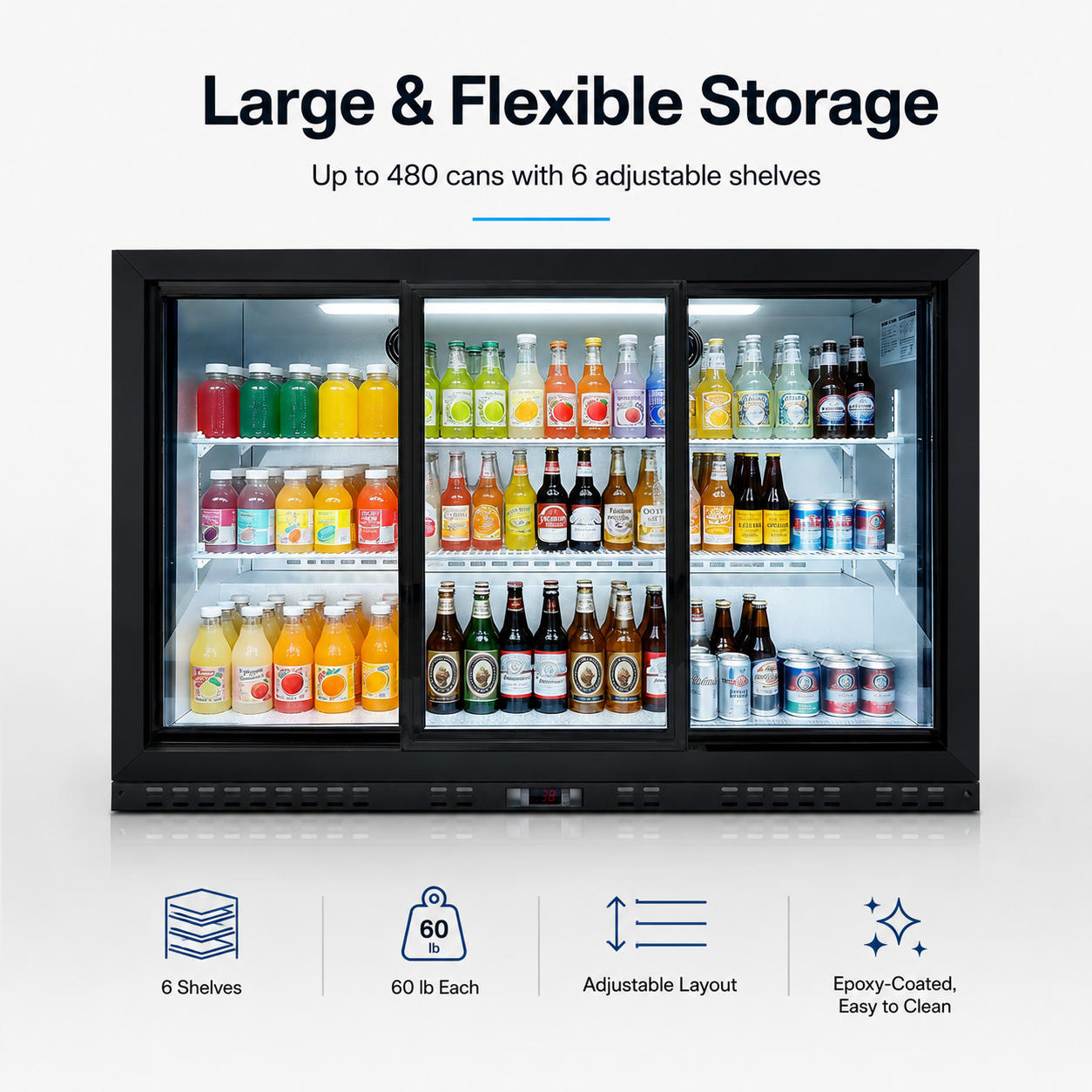 53'' Beverage Refrigerator, 3 Sliding Glass Door Back Bar Cooler, 11.3 cu.ft.