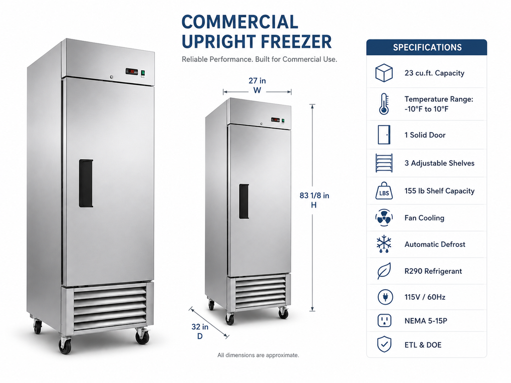 27" Commercial Reach-In Freezer, Stainless Steel, 1 Solid Door, 23 cu.ft.