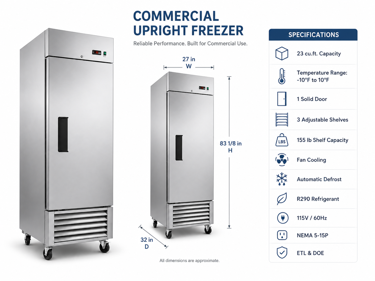 27" Commercial Reach-In Freezer, Stainless Steel, 1 Solid Door, 23 cu.ft.