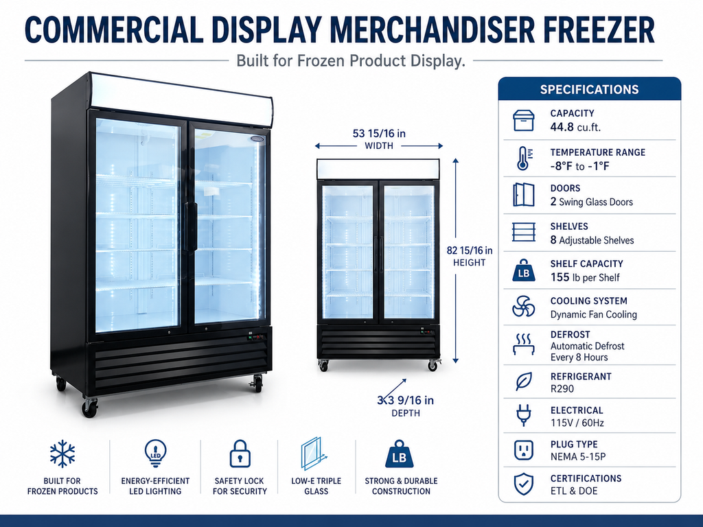 54" Commercial Display Merchandiser Freezer, 2 Glass Doors, 44.8 cu.ft.